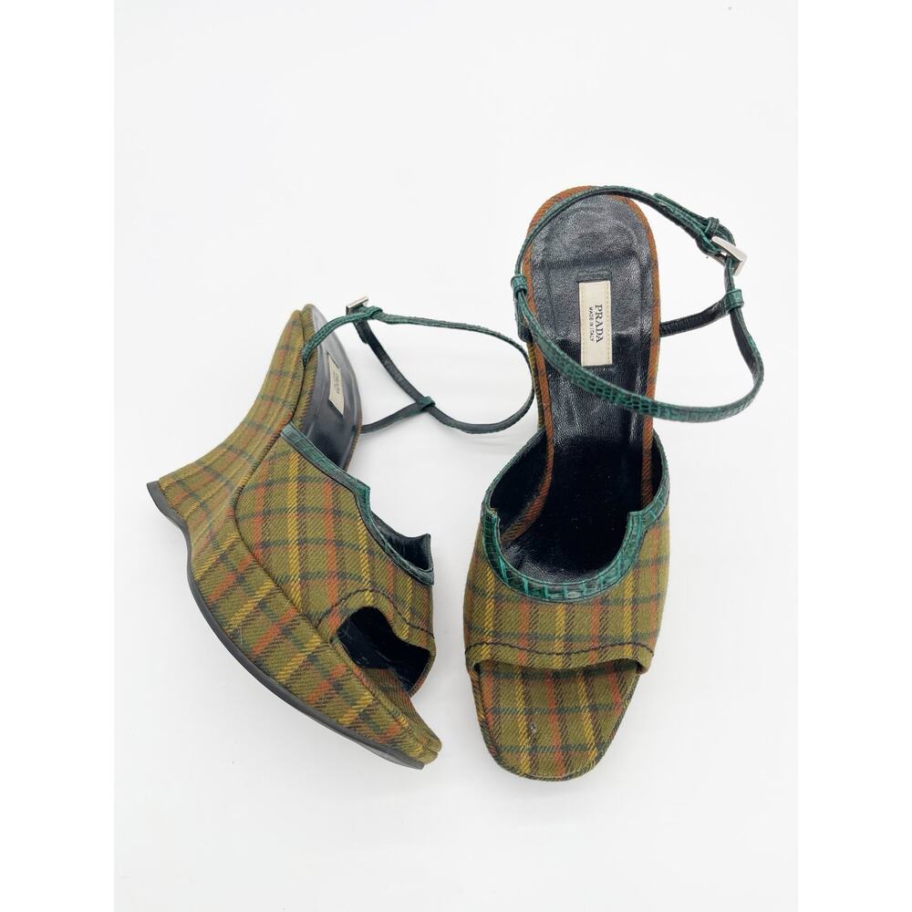 Prada Fall 2004 Runway Green Plaid Croc Trim Sculptural Wedge Sandals IT 39.5